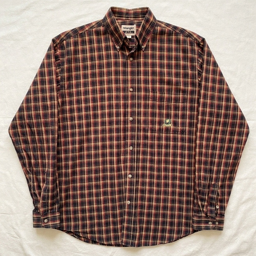 Wrangler Riata Plaid Button Down Shirt Mens Large Burgundy Western Casual Cowboy